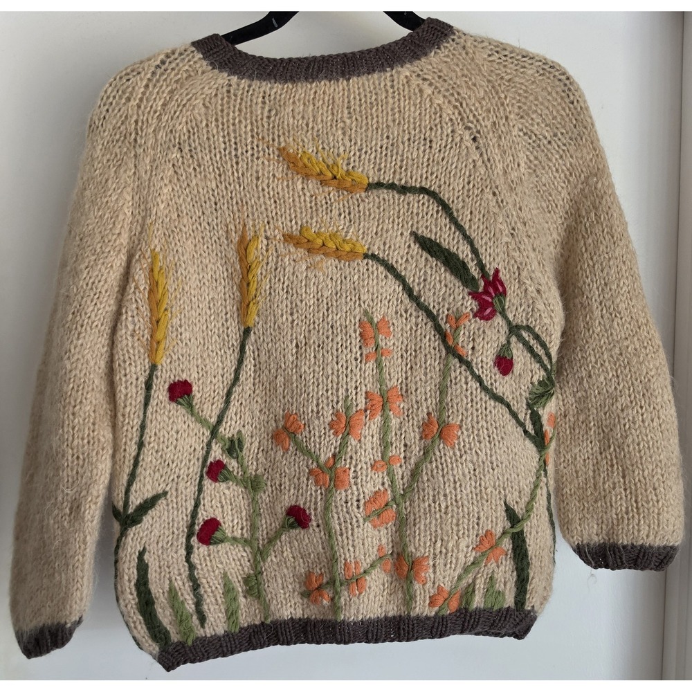VTG Savoia de Italia Mohair Blend Cardigan Tan Floral Long Sleeve Boho Embroider - Picture 2 of 4